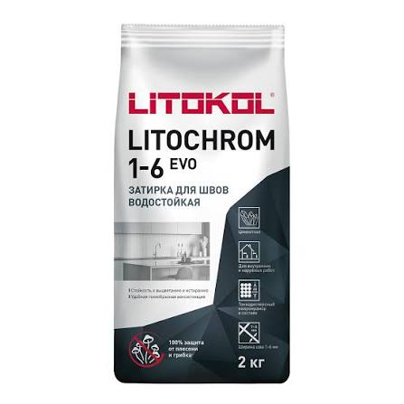 Затирка для швов плитки цементная LITOKOL LITOCHROM 1-6 EVO, LE 140 мокрый асфальт (темно-серая), 2 кг
