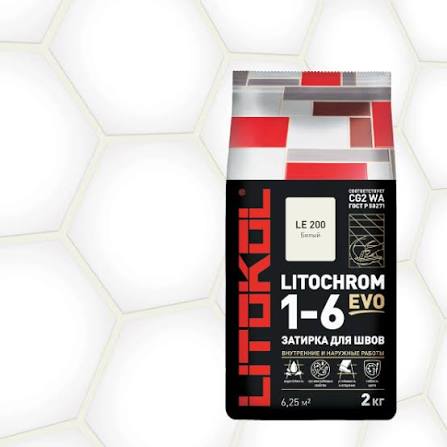 Затирка для швов плитки цементная LITOKOL LITOCHROM 1-6 EVO, LE 200 белый, 2 кг